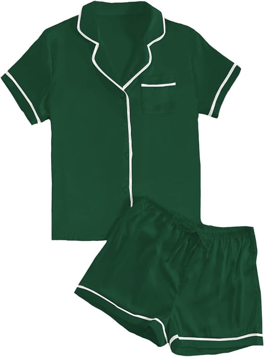 LYANER Women's Satin Silky Short Sleeve Button Shirt Sleepwear 2Piece Pajama Set