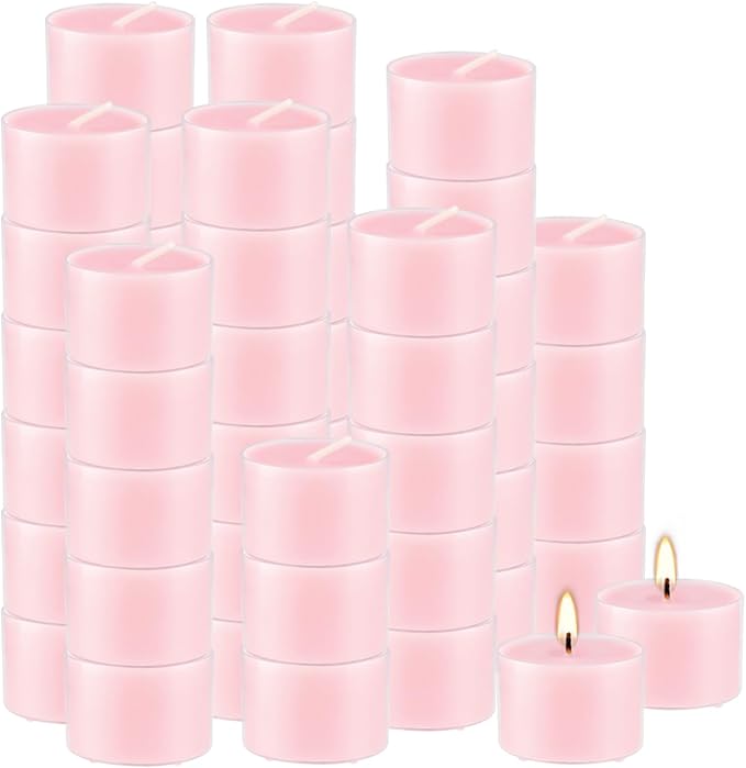 Rose Scented Candle Tealight Candles in Clear Cup, 8 Hours Consistent Smkless Clean Burning, Great for Holiday, Wedding, Spa, Emergency and Home Decoration（Pink，50 Pack）