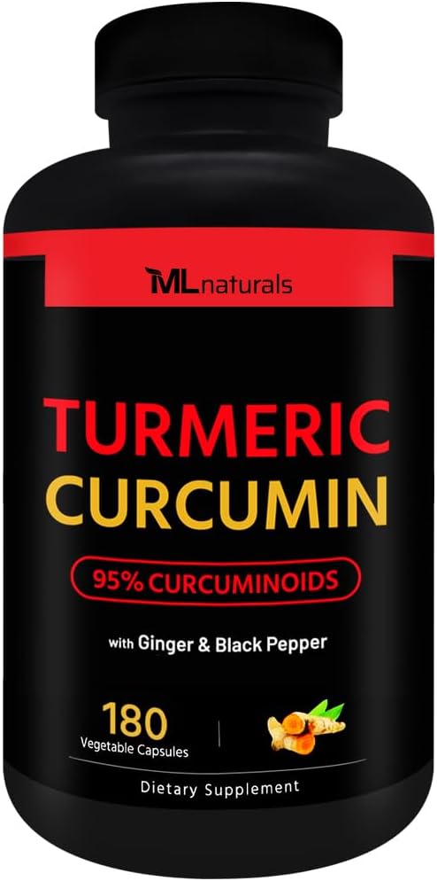ML Naturals Turmeric Curcumin 180 Vegetable Capsules Organic Turmeric 1,800 mg. Turmeric Root 7,500 mg Equivalent - 300 mg of 25:1 Extract. NSF-Certified & cGMP-Compliant,Third-Party Lab Tested