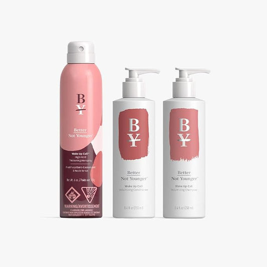 Better Not Younger Volume Styling Bundle Collection - Wake Up Call High Hold Hair Thickening Spray 6 fl.oz. & Shampoo and Contitioner