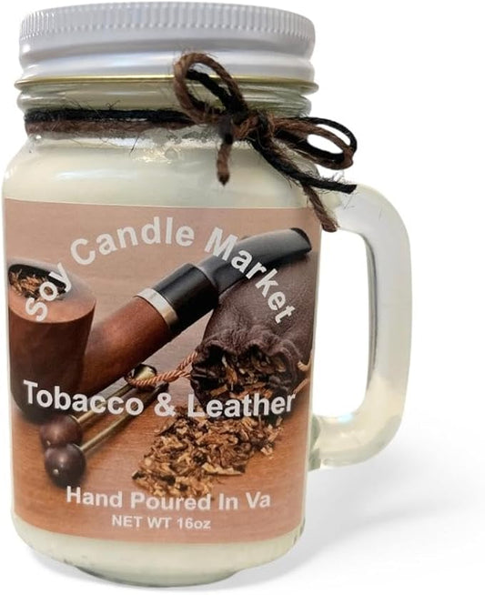 Soy Scented Candles | Handmade & Highly Aromatic Candles Burns Upto 85 Hours in Glass Jar - Perfect for Home Decor, Wedding, Birthday, Dinner (Tobacco & Leather, 12 oz)