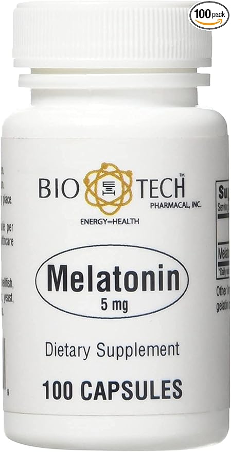 Bio-Tech Pharmacal Melatonin (5 mg), 100 Capsules – All-Natural Supplement – Support Sleep, Cardiovascular, Immune, & Bone Health – No Dairy, Fish, Gluten, Peanut, Shellfish, GMOS, & Soy – No