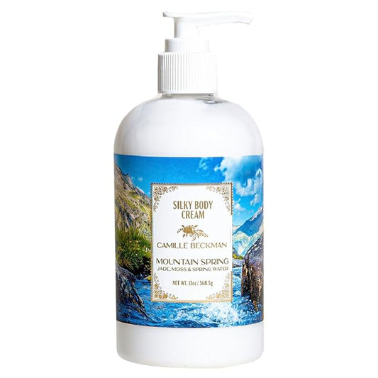 Camille Beckman Mountain Spring Scented Silky Body Cream, Daily Moisturizer for All Skin Types, Non-Greasy Vegan Formula to Nourish and Soften Hands and Body, 13 Ounce