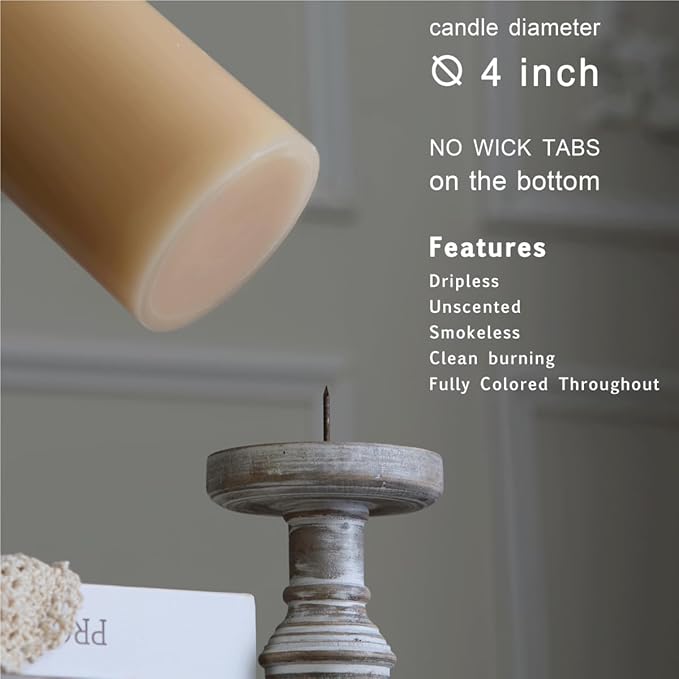 MOZEAL 4" x 10" Extra-Large Beige Pillar Candles (Set of 2), Unscented, Dripless, Smokeless,Long Clean-Burning,Tall 10 inch Large Beige Pillar Candles for Neutral-Themed Weddings and Serene Home Decor