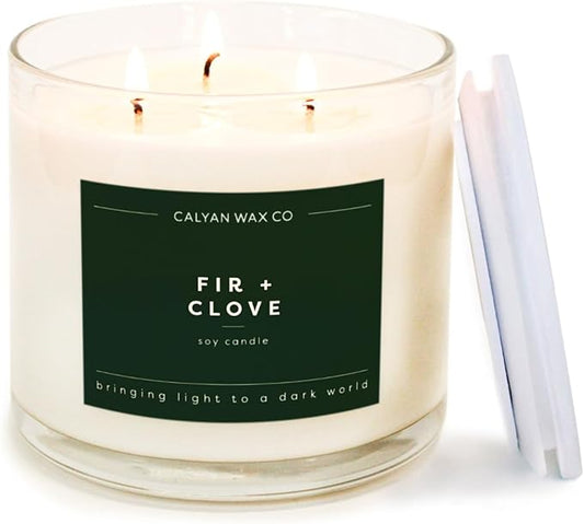 Calyan Wax Co. 3 Wick Candle, Fir + Clove Scented Candle, 43 Hour Burn Time, 3 Wick Soy Candles, Non Toxic & Vegan Soy Wax, Glass Jar Holiday Scented Candles, 14.9oz