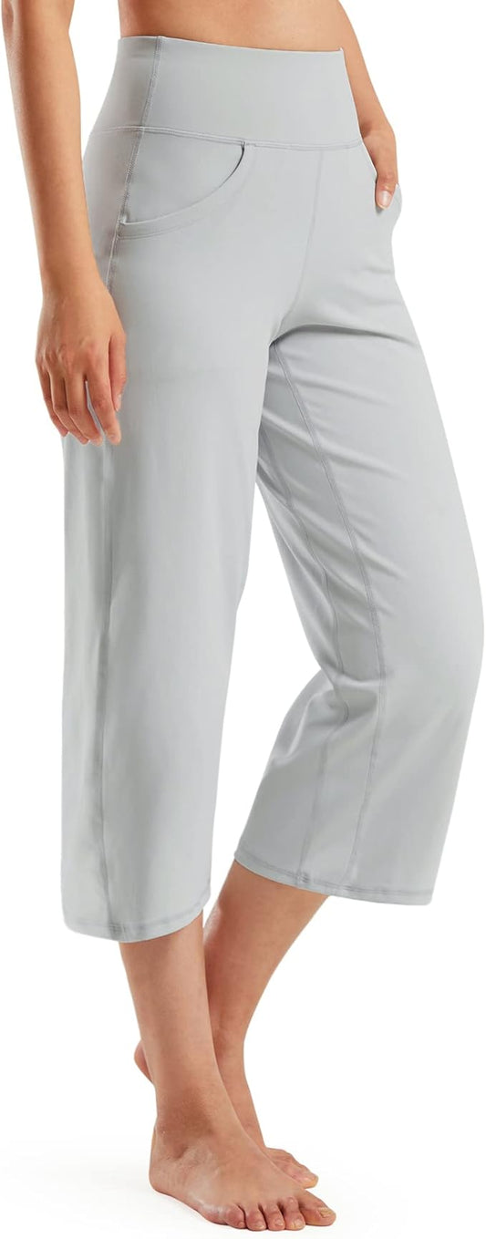 Promover Capri Pants for Women Wide Leg Yoga Cropped Pants with Pockets Loose Casual Summer Pants