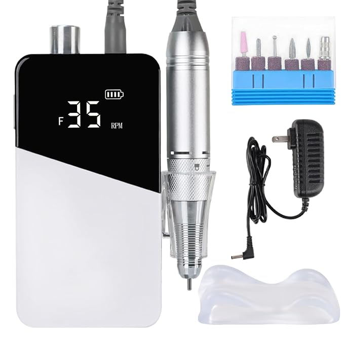 Electric Nail Drill Machine 35000RPM Professional Portable Nail File Cordless Rechargeable Nail Efile for Acrylic Gel Nails Manicure Pedicure Polishing Shape Tools for Salon (White)
