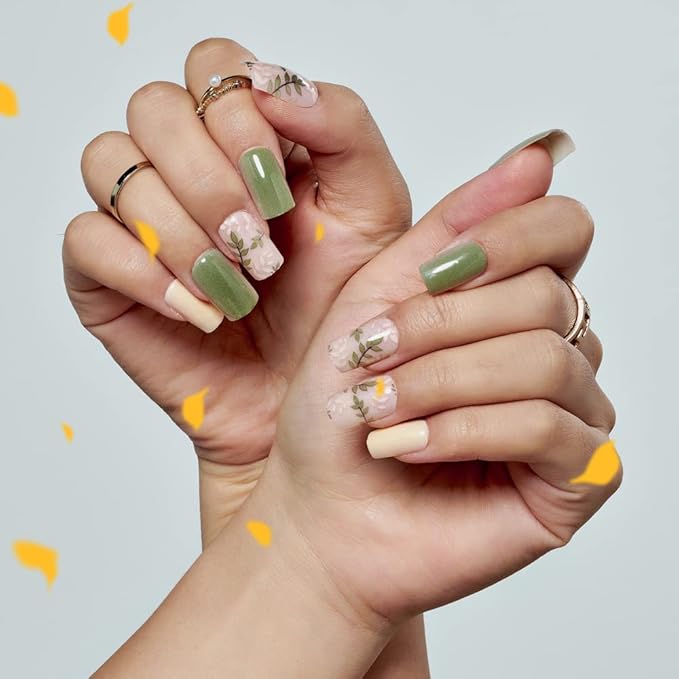Press on Nails Medium Short Square GLAMERMAID, Amber Green Ferns Fake Nails with Design Cute Acrylic False Nail Kits Stick Glue on Nails Sets for Women Reusable Full Cover Gel Nails 24Pcs