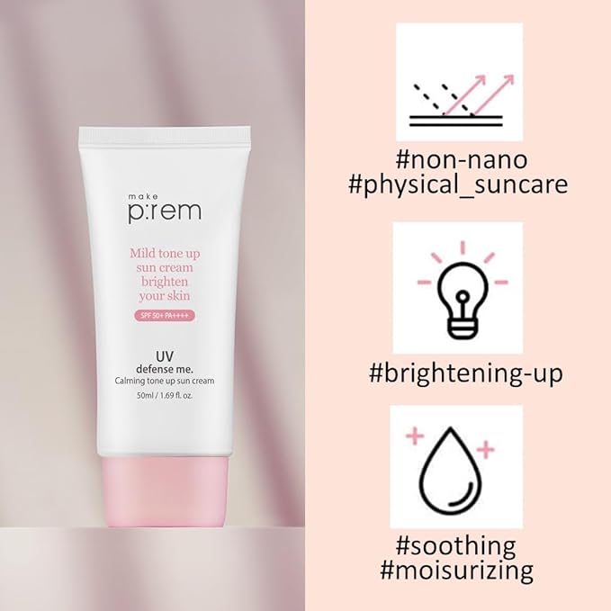MAKE P:REM UV Defense Me. Calming Tone Up Sunscreen, Non-Nano Zinc Oxide, Reef Safe, Chemical Free, Non-Greasy, SPF 50, Korean Sunscreen,1.69 fl oz, 50ml