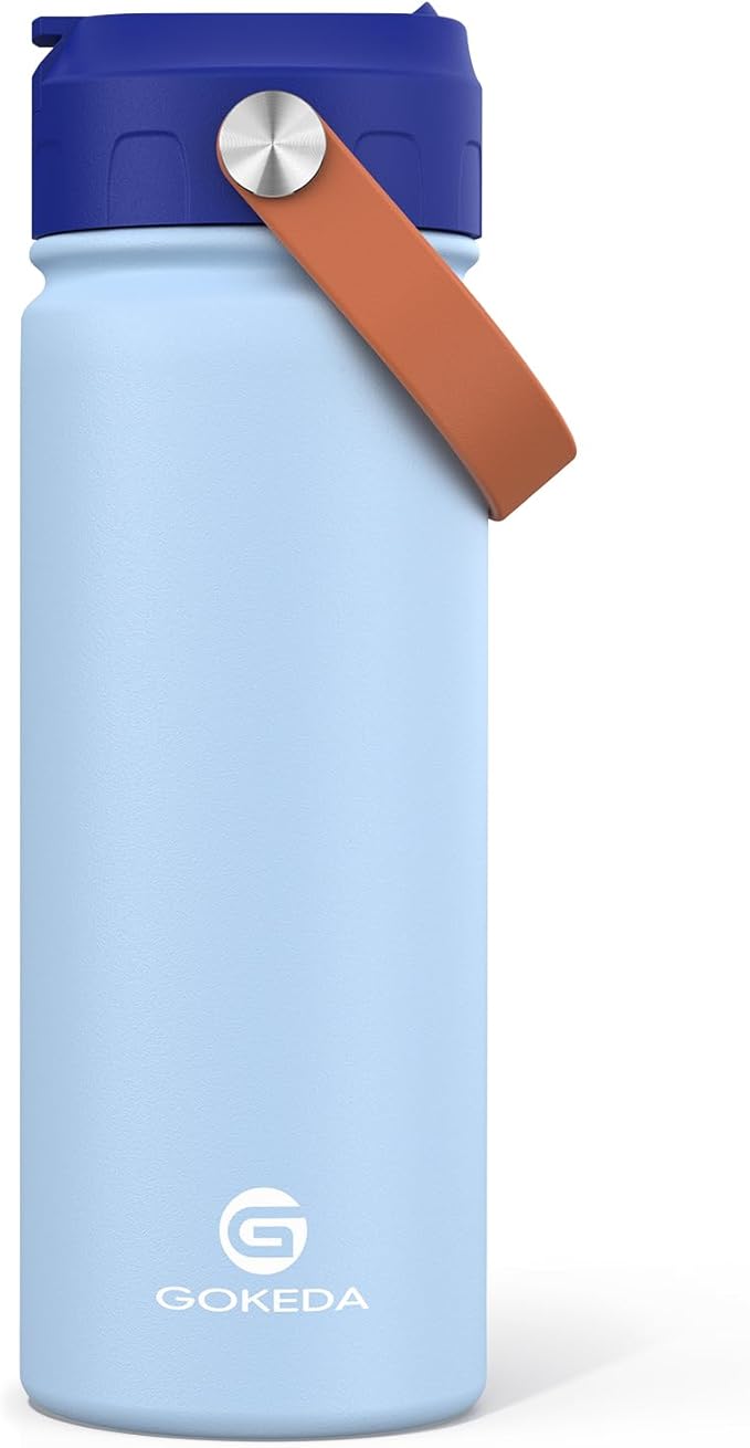 GoKEDA 18oz Kids Water Bottle, Insulated Water Bottles with Stickers, 18/8 Stainless Steel Vacuum Leak Proof Straw Cup for School, Gifts for Boys(Light Blue)