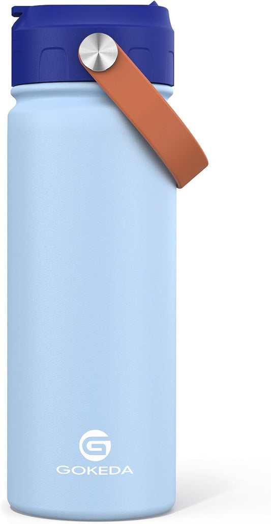 GoKEDA 18oz Kids Water Bottle, Insulated Water Bottles with Stickers, 18/8 Stainless Steel Vacuum Leak Proof Straw Cup for School, Gifts for Boys(Light Blue)