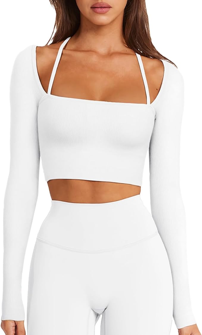 LASLULU Womens Sexy Square Neck Crop Top Ribbed Seamless Long Sleeve Workout Tops Halter Neck Athletic Yoga