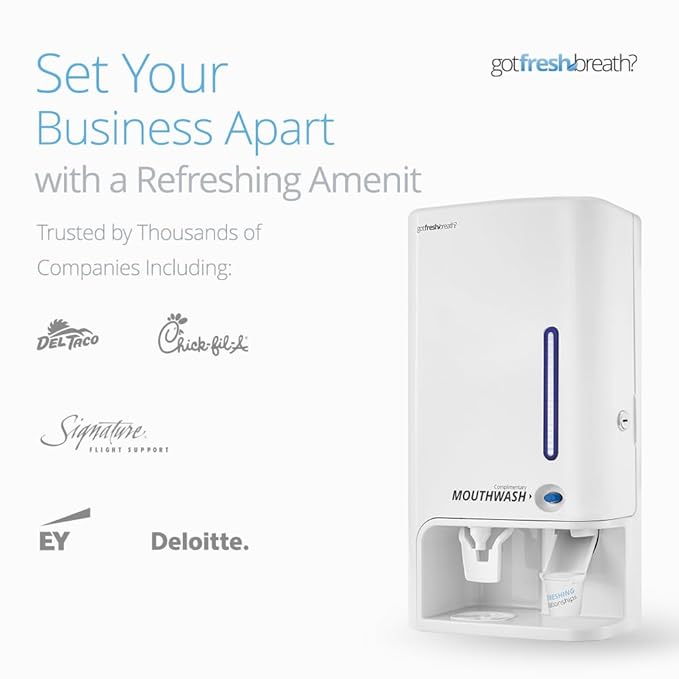 GotFreshBreath Manual Mouthwash Dispenser with Cup Holder – Standing or Wall-Mounted, Slim, Commercial Mouthwash Dispenser with 100 Cups & 50 Oz. Alcohol-Free Mouthwash (White)