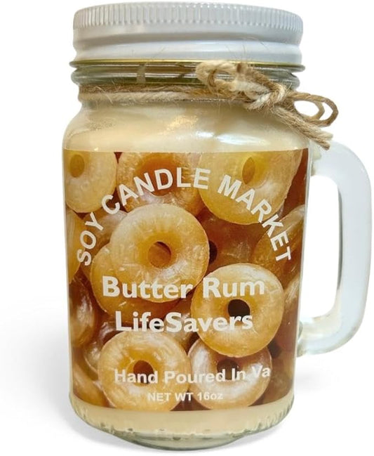 Soy Scented Candles | Handmade & Highly Aromatic Candles Burns Upto 85 Hours in Glass Jar - Perfect for Home Decor, Wedding, Birthday, Dinner (Butter Rum Lifesavers, 16 oz)