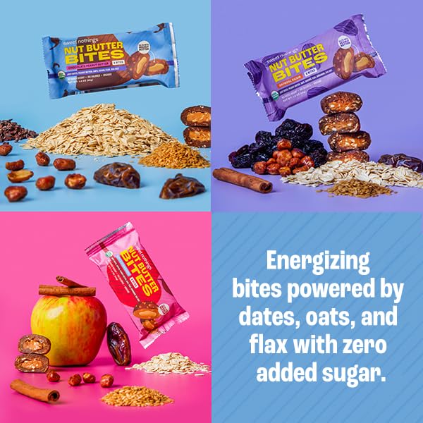 Sweet Nothings, Variety Pack: Chocolate, Apple Cinnamon, and Oatmeal Raisin, USDA Organic Nut Butter Bites Protein 6-2 Bite Value Packs (2 of each flavor) - No Added Sugar, Good Source of Fiber, Only 7 Ingredients