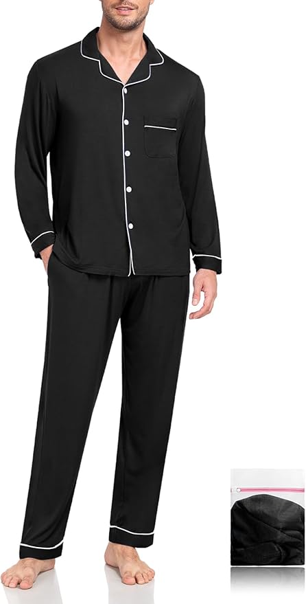 Men Modal Pajama Set Long Sleeve Pjs Button Down Sleepwear Soft Comfy Loungewear Sets 2 Piece Nightwear S-3XL