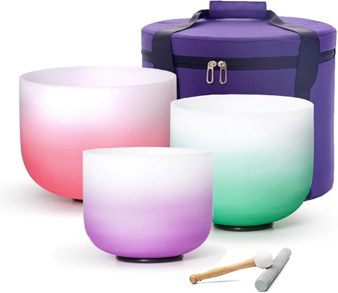 Hye-eun Crystal Singing Bowls Set, 432HZ 8-12 Inch Quartz Gradient Color Chakra Tuned Singing Bowl Set of 3 (8"B 10"F 12"C) for Sound Healing with Carrying Case Suede Striker and Rubber Mallet