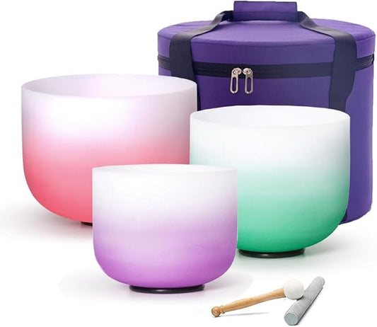 Hye-eun Crystal Singing Bowls Set, 432HZ 8-12 Inch Quartz Gradient Color Chakra Tuned Singing Bowl Set of 3 (8"B 10"F 12"C) for Sound Healing with Carrying Case Suede Striker and Rubber Mallet