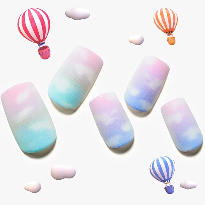GLAMERMAID Blue Purple Pink Ombre Press on Nails Medium Square, Light Green Cloud Dull Polsih Gel False Nals with Design, Glue on Nails Kit for Women, Reusable Stick on Acrylic Fake Nails Manicure Set
