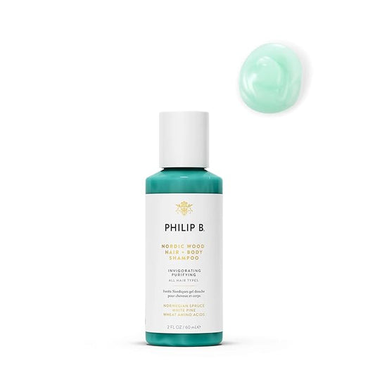 PHILIP B Nordic Wood Hair + Body Shampoo, 2 fl. oz. (60 ml) - Lathers Up Luxuriously, Conditions While Leaving You Feeling Cool & Invigorated, With Notes of Norwegian Spruce, White Pine and Camphor