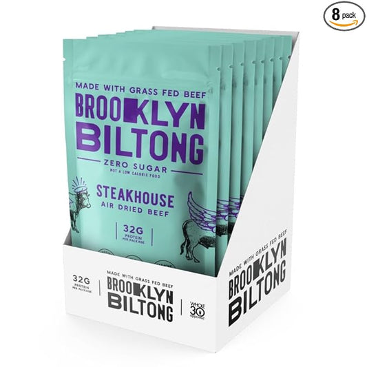 Air Dried Grass Fed Beef Snack (2 oz, Pack of 8) - Whole30 Approved, Paleo, Keto, Gluten Free, Sugar Free, Made in USA - (Steakhouse)