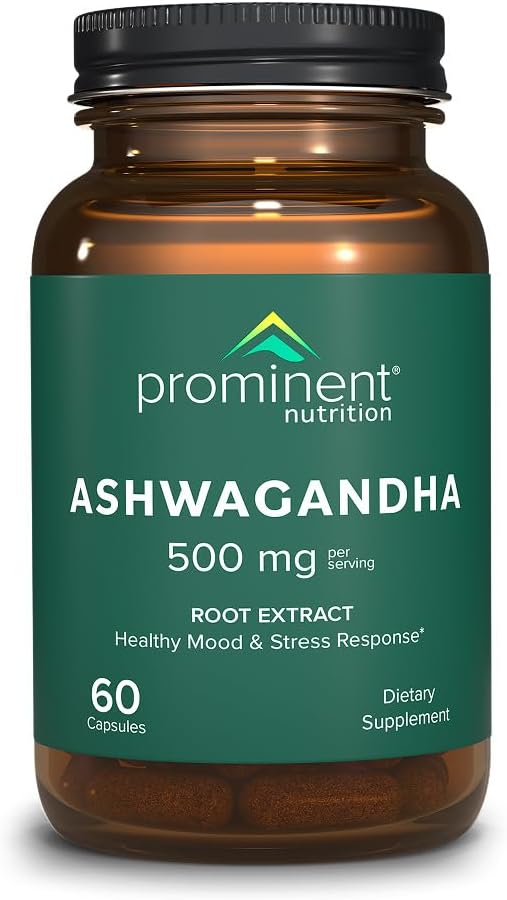 Prominent Nutrition Ashwagandha Supplement - Clinically Researched Shagandha Root Extract for Healthy Mood & Stress Support, Standardized to 2.5% Withanolides, 500 mg, 60 Vegan Capsules - 1 Pack