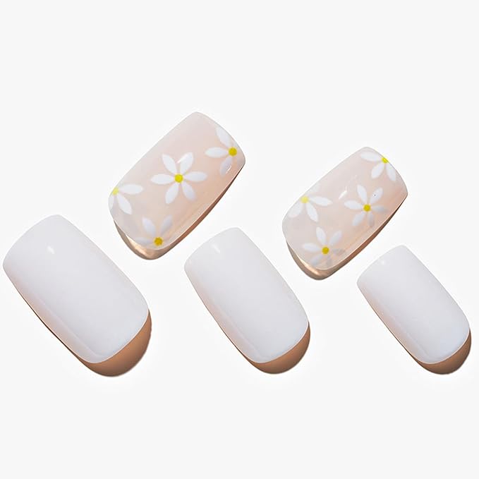 GLAMERMAID White Press on Nail Medium Square, Jelly Nude Soft Gel Nails Square Fake Nail with Flowers Design, Glossy Stick Glue 0n Nail Kit for Women, Reusable Stick on Acrylic Fake Nail Manicure Set