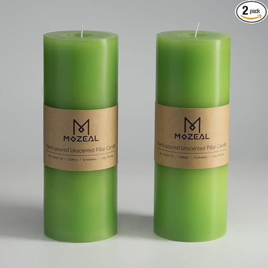 MOZEAL 3" x 8" Hand-Poured Unscented Large Candle,Smokeless Rustic Pillar Candle Set of 2,Slow Burn,No Drip,Approx 150 Hours Burning,Wedding,Dinner,Christmas and Home Decorative,Tall Green Candle