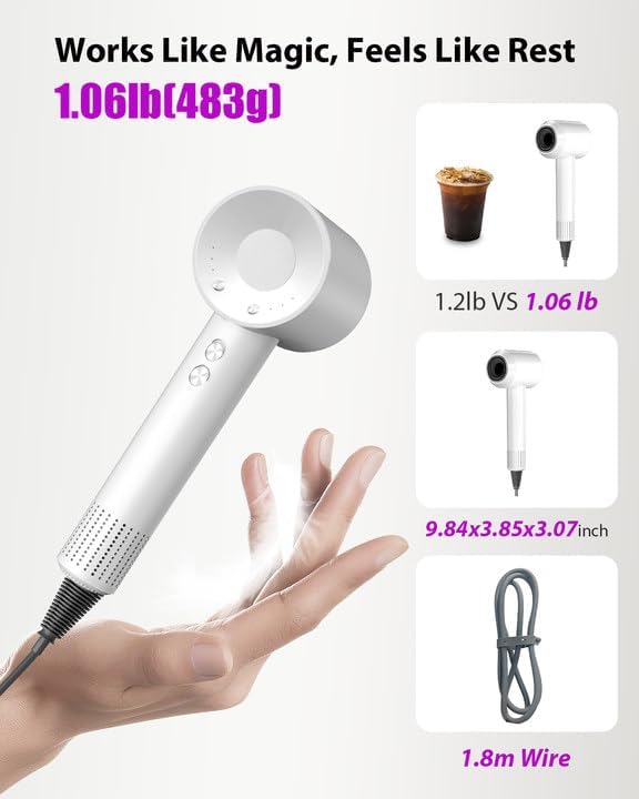 Hair Dryer with Carry Case, 160000 RPM Professional High-Speed Ionic Blow Dryer 200 Millions Negative Ionic & 3 Speeds & 3 Temps& Low Noise, Hairdryer with diffuser for Faster Drying, No Heat Damage,W