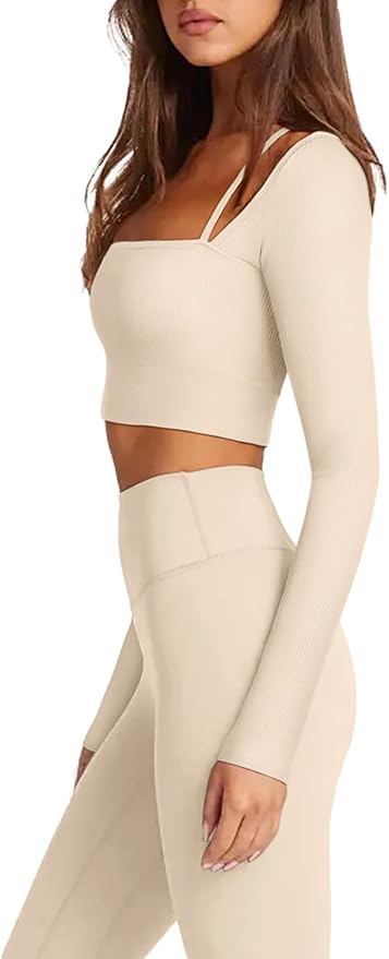 LASLULU Womens Sexy Square Neck Crop Top Ribbed Seamless Long Sleeve Workout Tops Halter Neck Athletic Yoga