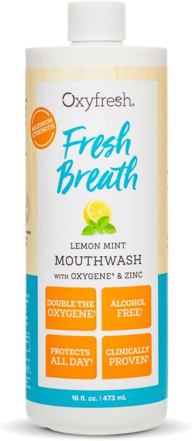 Oxyfresh Premium Lemon Mint Fresh Breath Mouthwash – Oral Rinse for Bad Breath – SLS & Fluoride Free Mouthrinse – Alcohol Free, Gentle Non Burning Mouthwash with Xylitol & Essential Oils, 16 oz