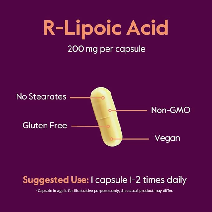BESTVITE R-Lipoic Acid 200mg Stabilized with Bio-Enhanced Na-RLA (60 Vegetarian Capsules) - No Stearates - No Fillers - Vegan - Gluten Free - Non GMO