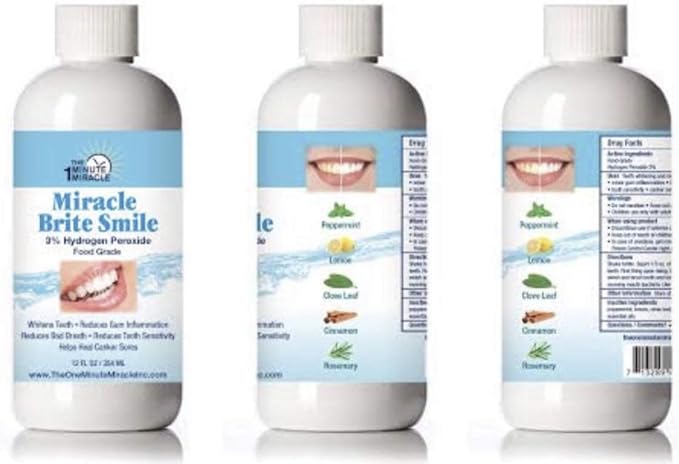 Miracle Brite Smile Mouthwash - Teeth whitening, Breath freshening, Removing Bad Breaths & Tooth Sensitivity with The Power of 3% Hydrogen Peroxide and Organic Essential Oils.