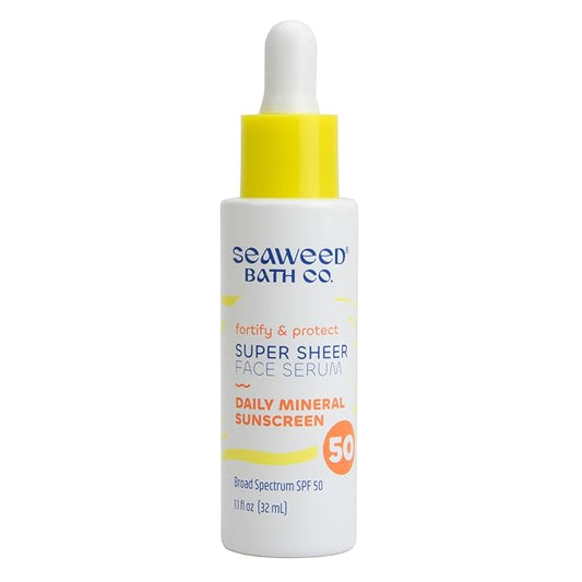 Seaweed Bath Co. Fortify & Protect Super Sheer Face Serum SPF 50 Broad Spectrum Zinc Oxide Facial Sunscreen, 1.1 Ounce, Non-Tinted, Sustainably Harvested Seaweed, Collagen, Ceramides