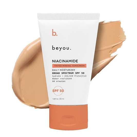 Beyou. Niacinamide Daily Moisturizer Mineral Face Sunscreen + SPF 50 – Tinted Sunblock with Zinc Oxide, Lightweight & Fast-Absorbing, Oil- Free, Plant-Based, Cruelty-Free, All Skin Types – 1.69 fl oz