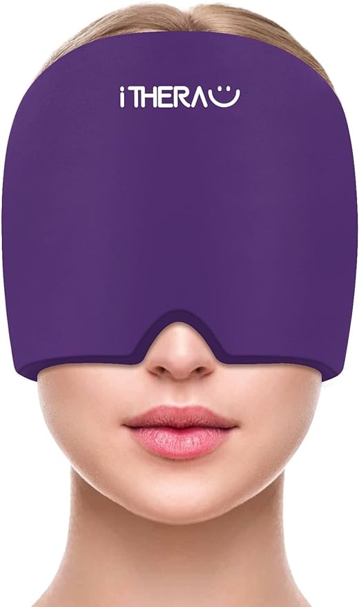 iTHERAU Migraine Relief Cap, Migraine Ice Head Wrap, Headache Ice Hat, Cold Therapy Headache Relief Cap for Migraine Eyes Mask Purple Headache Ice Pack for Puffy Eyes, Tension, Sinus & Stress Relief