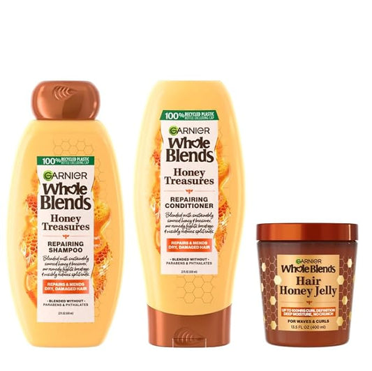 Garnier Whole Blends Honey Treasures Repairing Shampoo (22 Fl), Conditioner (22 Fl) + Defining Wavy & Curly Hair Jelly (13.5 Fl) (4 Items), Bundle