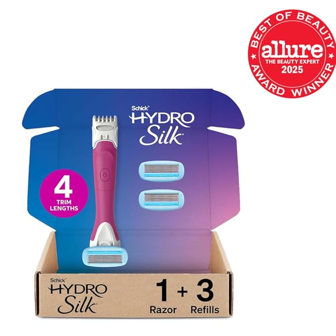 Schick Hydro Silk TrimStyle Razor with Bikini Trimmer for Women | 2-in-1 Bikini Razor for Women and Womens Trimmer for Pubic Hair, Includes 1 Waterproof Handle, 3 Refills & 1 AAA Battery