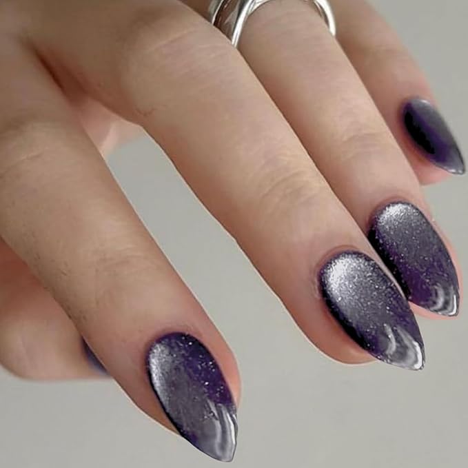 GLAMERMAID Dark Purple Magnet Cat Eyes Press on Nails Short Almond, Black Aurora Handmade Jelly Gel Fake Nail Kit, Ombre Glitter Magnetic Glue on Nail Stiletto, Medium Oval Stick on False Nail Women