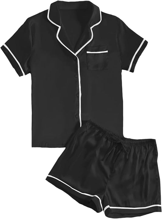LYANER Women's Satin Silky Short Sleeve Button Shirt Sleepwear 2Piece Pajama Set