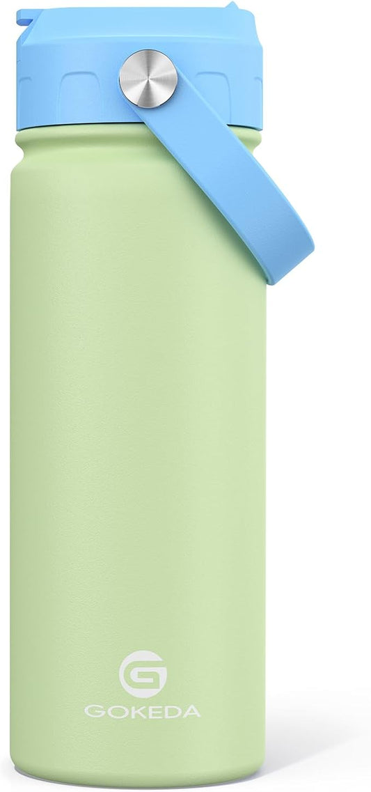 18oz Kids Water Bottle, Insulated Water Bottles with Stickers, 18/8 Stainless Steel Vacuum Leak Proof Straw Cup for School, Gifts for Boys Girls(Blue,Green)