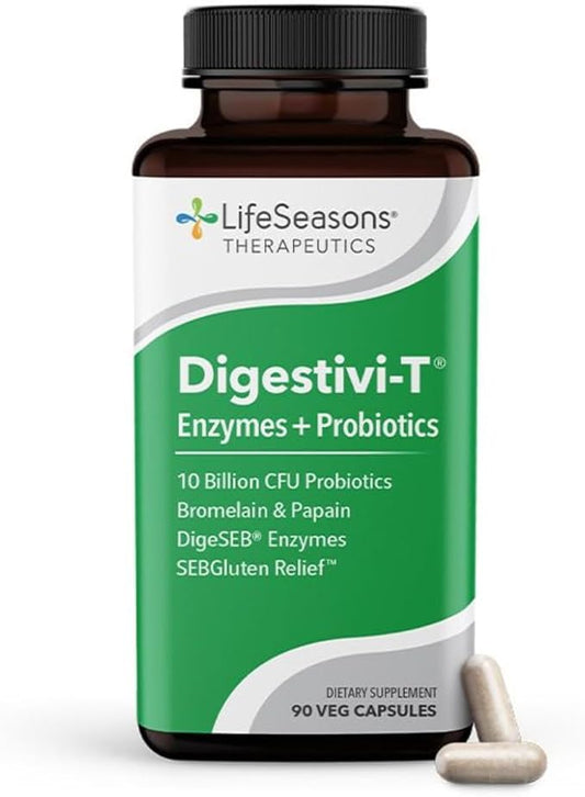 LifeSeasons Digestivi-T - Digestive Enzymes & 10 Billion CFU Probiotic Supplement - Supports Gut & Immune Health - Bloating & Digestion Relief for Women & Men - 90 Capsules