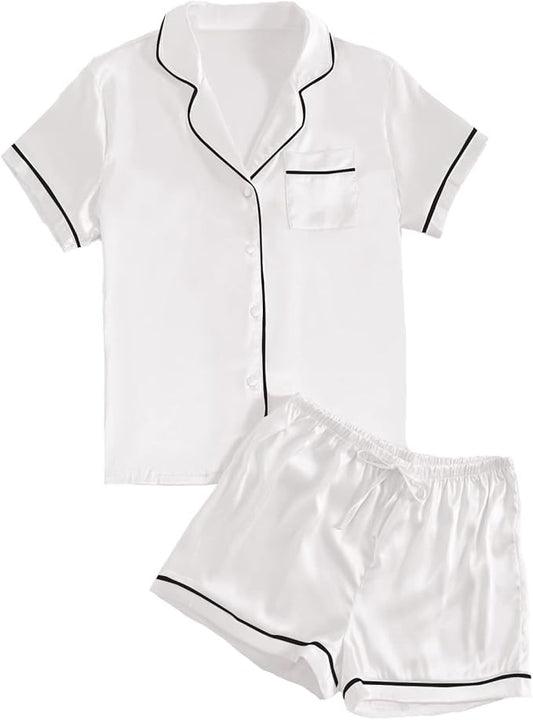 LYANER Women's Satin Silky Short Sleeve Button Shirt Sleepwear 2Piece Pajama Set