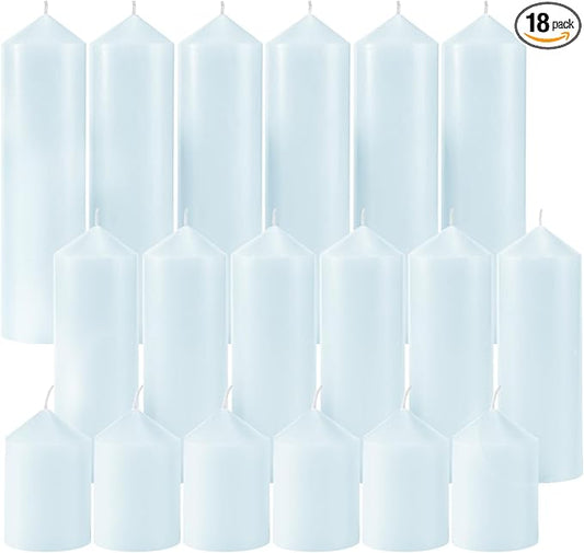 18 Pcs Blue Pillar Candles Bulk Set，Hurricane Candles，3 Different Lengths (6 Each)，Dripless Unscented Smokeless，Gives You a Better Atmosphere When Organizing Wedding or Event Party.