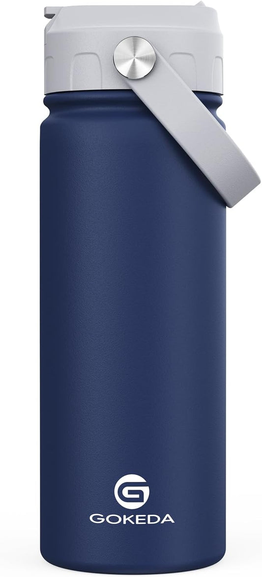 GoKEDA 18oz Kids Water Bottle, Insulated Water Bottles with Stickers, 18/8 Stainless Steel Vacuum Leak Proof Straw Cup for School, Gifts for Boys(Dark Blue)
