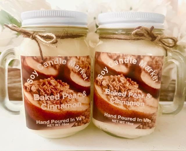 Soy Scented Candles | Handmade & Highly Aromatic Candles Burns Upto 85 Hours in Glass Jar - Perfect for Home Decor, Wedding, Birthday, Dinner (Baked Pears and Cinnamon, 16 oz)