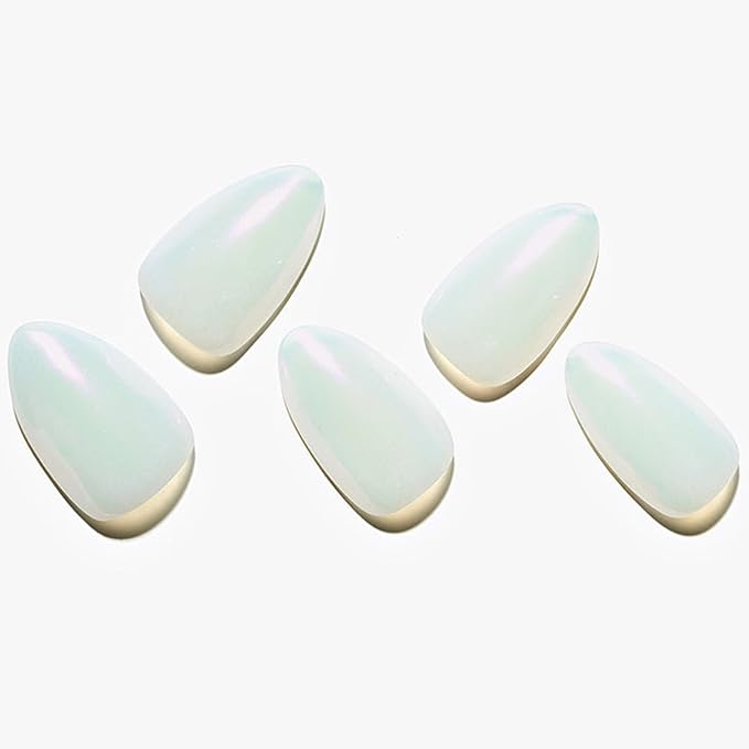 GLAMERMAID Pure White Eyes Press on Nails Short Almond, Chrome Handmade Glossy Gel Fake Nail Kit, Glazed Natural Glitter Magnetic Glue on Nail Stiletto, Medium Oval Stick on False Nail Set for Women