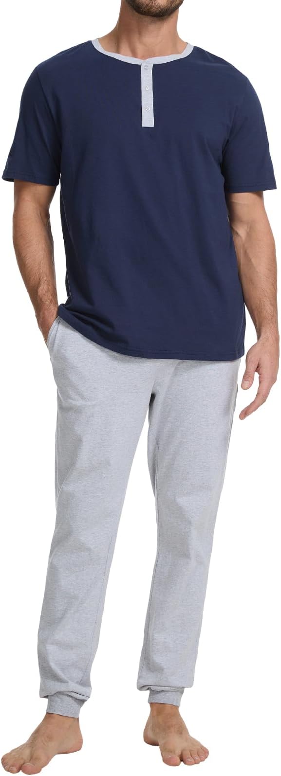 Men's Pajama Set with Henley Neckline 100% Cotton Soft and Comfortable Nightwear 2-Piece Lounge Set