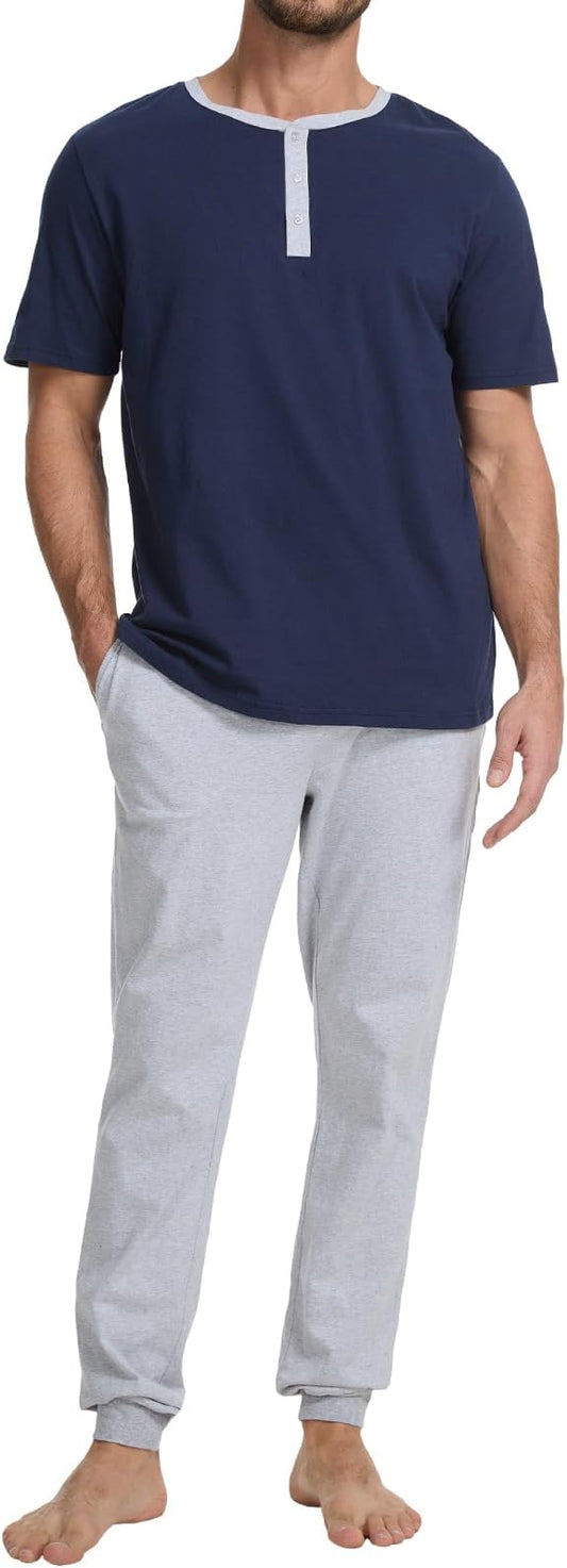 Men's Pajama Set with Henley Neckline 100% Cotton Soft and Comfortable Nightwear 2-Piece Lounge Set