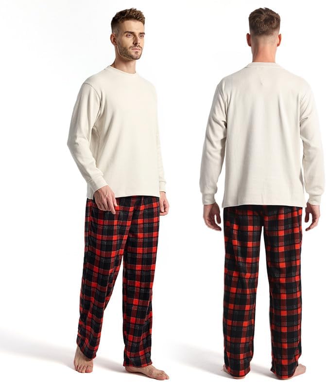 3 Pack Men's Fleece Pajama Pants Bottoms– Lounge Sleepwear Plaid PJs with Pockets and Button Fly